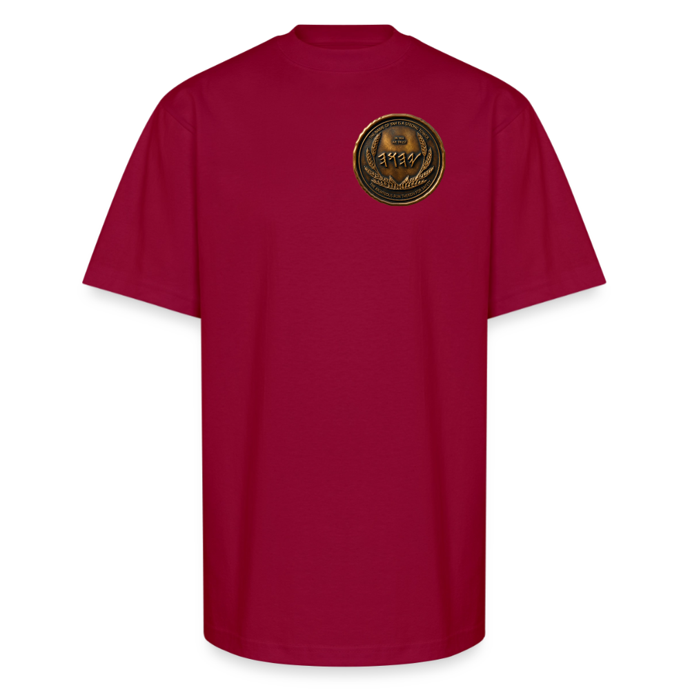 Front view of a burgundy oversized heavyweight t-shirt featuring a circular antiqued bronze Paleo-Hebrew medallion emblem printed on the left chest.