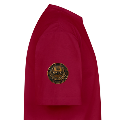 Side view showing the left sleeve of a burgundy oversized t-shirt featuring a circular antiqued bronze Paleo-Hebrew medallion graphic.
