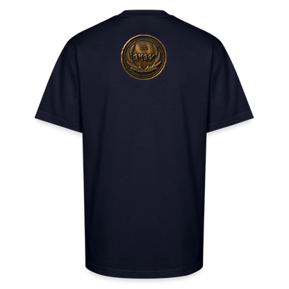Back view of a navy blue oversized heavyweight t-shirt with a large circular antiqued bronze Paleo-Hebrew medallion emblem centered on the upper back.
