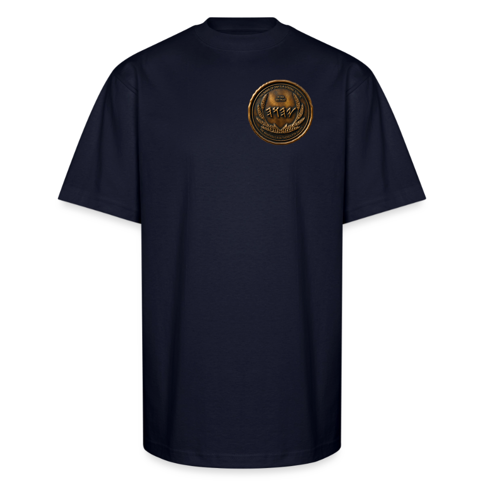 Front view of a navy blue oversized heavyweight t-shirt with a circular antiqued bronze Paleo-Hebrew medallion emblem printed on the left chest