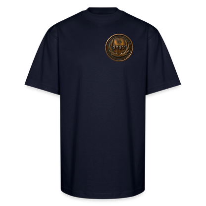 Front view of a navy blue oversized heavyweight t-shirt with a circular antiqued bronze Paleo-Hebrew medallion emblem printed on the left chest