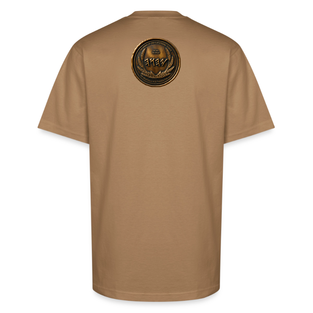 Back view of a tan oversized heavyweight t-shirt displaying a circular antiqued bronze Paleo-Hebrew medallion emblem centered on the upper back.