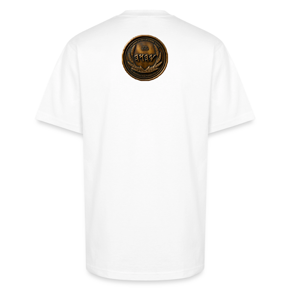 Side profile view showing the right sleeve of a white oversized heavyweight t-shirt with a circular antiqued bronze medallion emblem printed near the hem.