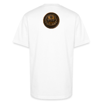Side profile view showing the right sleeve of a white oversized heavyweight t-shirt with a circular antiqued bronze medallion emblem printed near the hem.