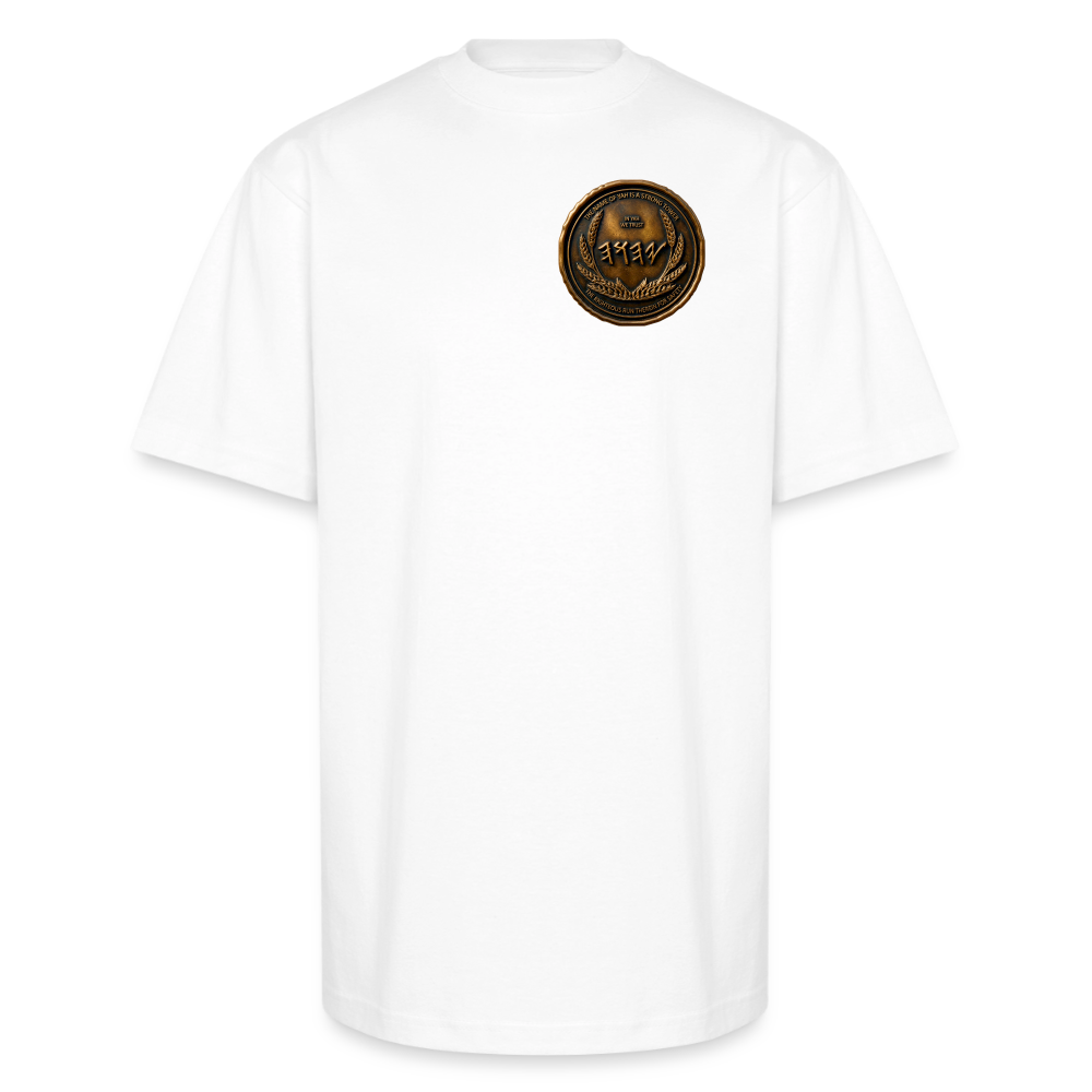 Front view of a white oversized heavyweight t-shirt featuring a small circular antiqued bronze Paleo-Hebrew medallion graphic printed on the left chest.