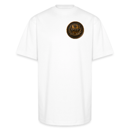Front view of a white oversized heavyweight t-shirt featuring a small circular antiqued bronze Paleo-Hebrew medallion graphic printed on the left chest.
