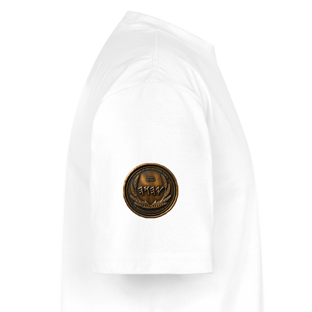 Side profile view showing the right sleeve of a white oversized heavyweight t-shirt with a circular antiqued bronze medallion emblem printed near the hem.