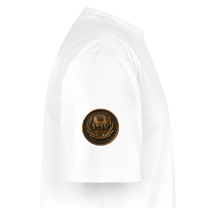 Side profile view showing the right sleeve of a white oversized heavyweight t-shirt with a circular antiqued bronze medallion emblem printed near the hem.