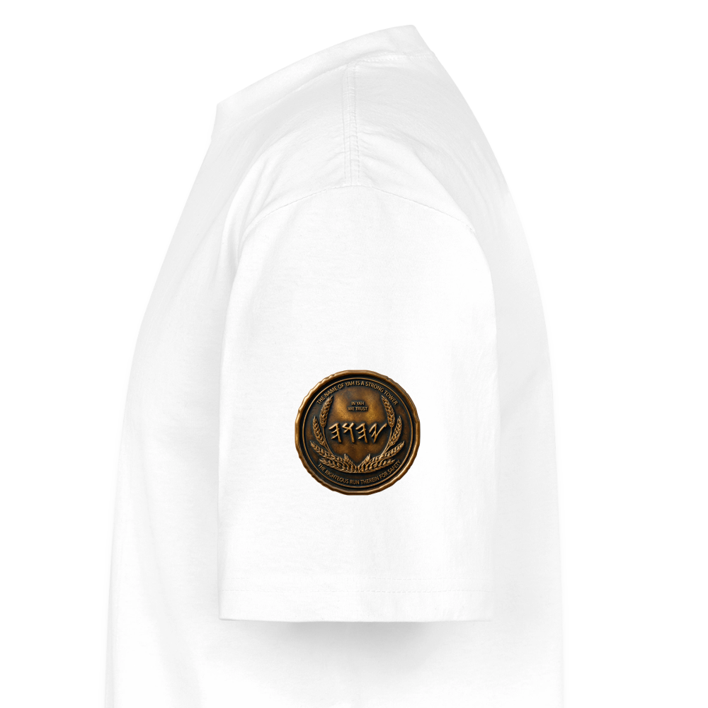 Side profile view showing the left sleeve of a white oversized heavyweight t-shirt with a circular antiqued bronze medallion emblem printed near the hem.