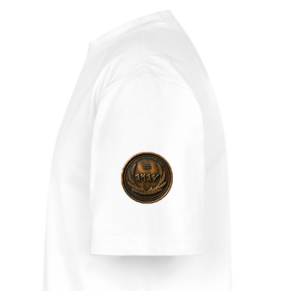 Side profile view showing the left sleeve of a white oversized heavyweight t-shirt with a circular antiqued bronze medallion emblem printed near the hem.