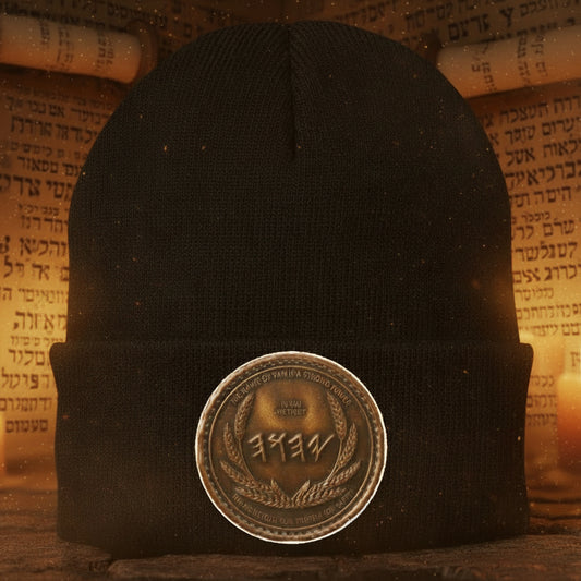 Antiqued bronze script medallion patch on a black Port & Co. knit cuffed beanie.