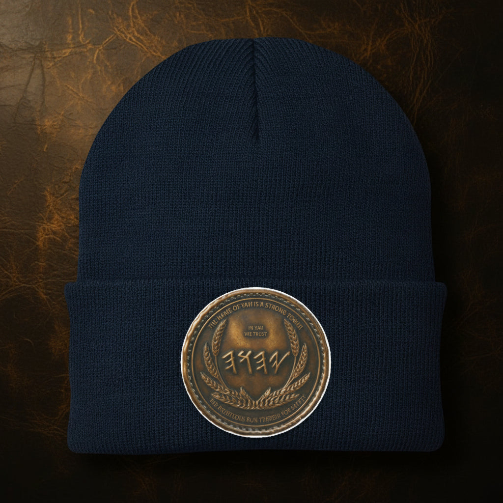 Center-aligned antiqued bronze medallion emblem on a navy blue Port & Co. knit cuffed beanie.