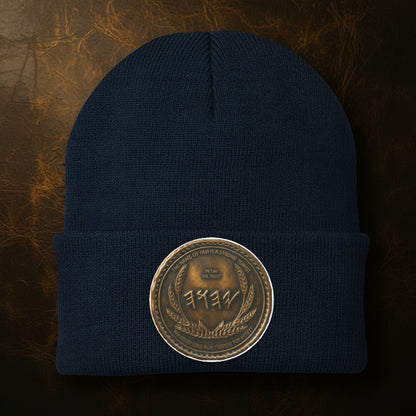 Center-aligned antiqued bronze medallion emblem on a navy blue Port & Co. knit cuffed beanie.