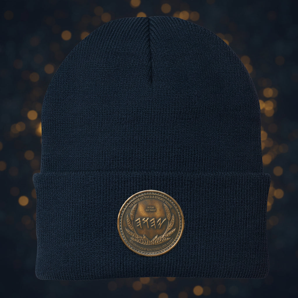 Detailed view of the antiqued bronze symbolic script medallion on a cuffed navy blue knit beanie.