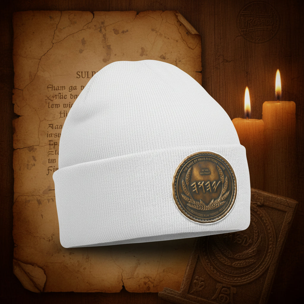 High-contrast antiqued bronze symbolic patch on a solid white Port & Co. knit cuffed beanie.