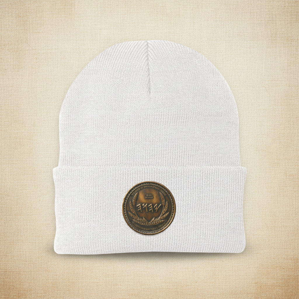 Detailed view of the intricate antiqued bronze symbolic medallion on a white knit cuffed beanie.