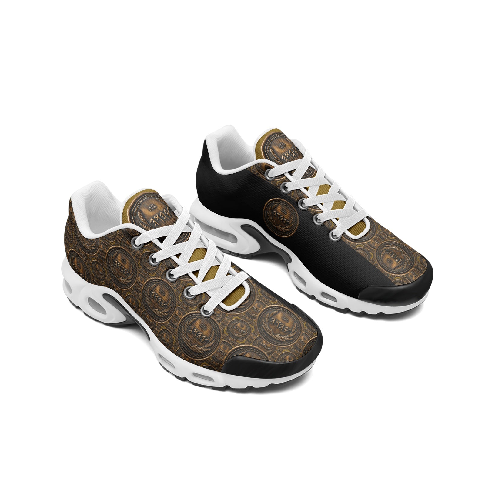 Pair view of Strong Tower Defense sneakers featuring a split design of solid black mesh and an antiqued bronze coin aesthetic.