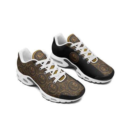 Pair view of Strong Tower Defense sneakers featuring a split design of solid black mesh and an antiqued bronze coin aesthetic.