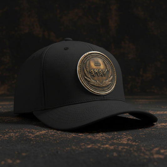 Front view of a premium black twill baseball cap featuring a circular antiqued bronze medallion emblem with Paleo-Hebrew text and wheat details.