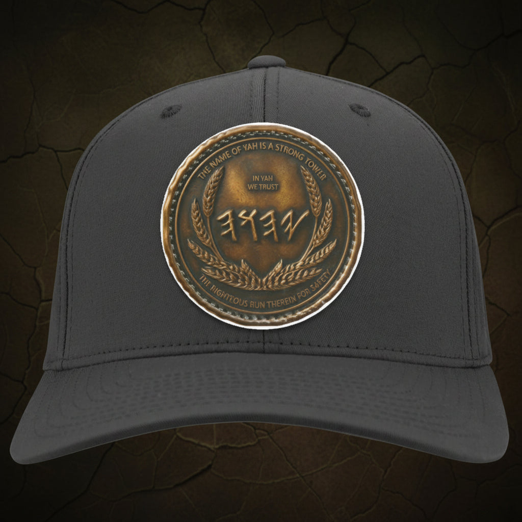 Front view of a charcoal grey structured twill baseball cap displaying a detailed, high-contrast metallic bronze symbolic shield patch.