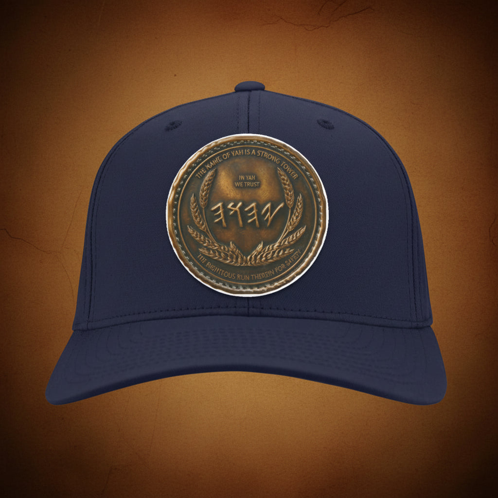 Front view of a deep navy blue twill baseball cap with an intricately layered, circular antiqued bronze emblem showcasing sacred typography.