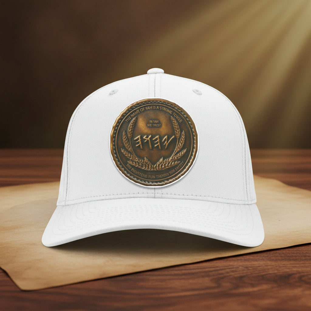 Front view of a crisp white structured baseball cap highlighted by a striking, metallic antiqued bronze central medallion print.