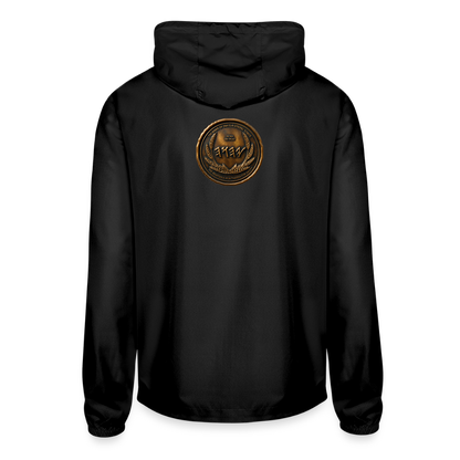 Back view of a black lightweight windbreaker displaying a large, centered antiqued bronze circular emblem with Paleo-Hebrew script.