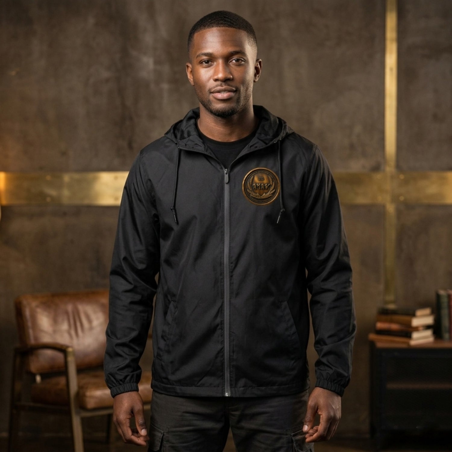 Front view of a man wearing a black windbreaker featuring a circular antiqued bronze medallion emblem with Paleo-Hebrew script on the left chest.