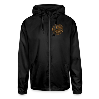 Front view of a black lightweight windbreaker with a circular antiqued bronze medallion emblem featuring Paleo-Hebrew script on the left chest.