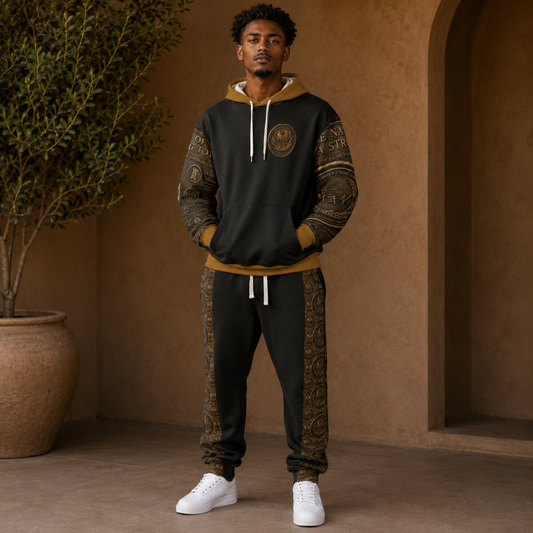 Full-body view of the men's black and antiqued bronze tracksuit paired with clean white low-top sneakers against a minimalist warm-toned background.