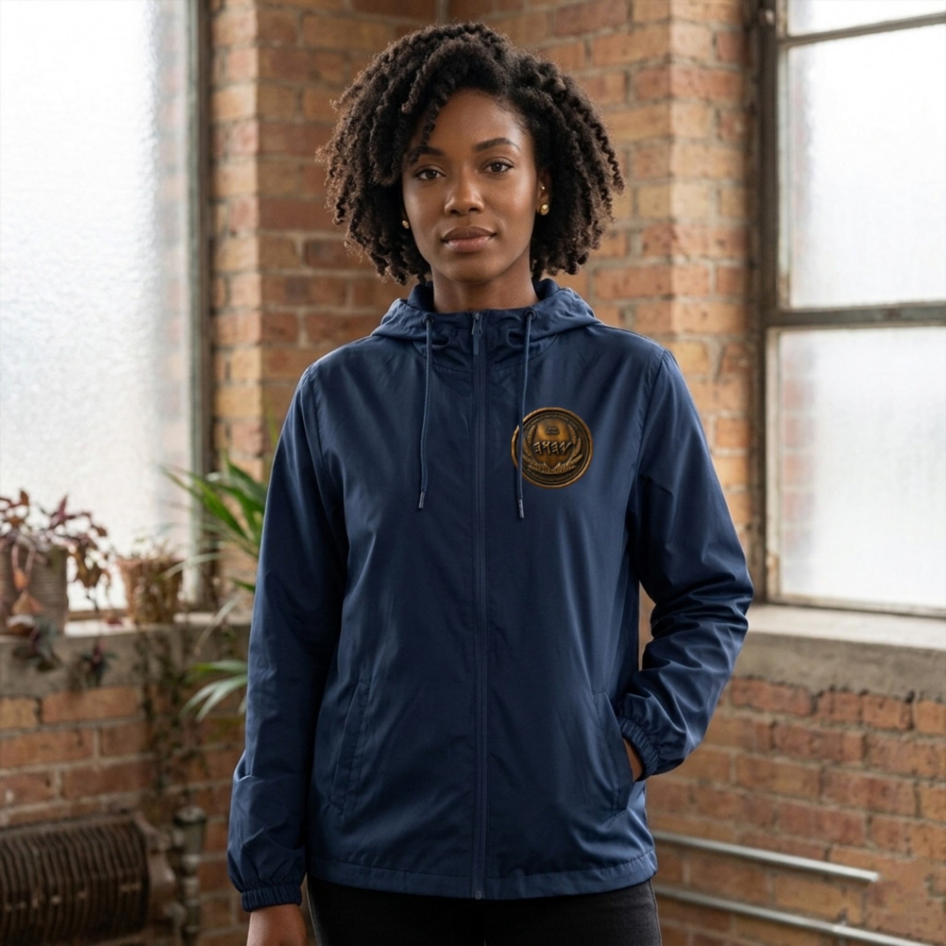 Front view of a woman in an industrial loft wearing a navy blue zip windbreaker with a circular antiqued bronze Paleo-Hebrew emblem on the left chest.