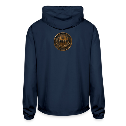 Back view of a navy blue lightweight windbreaker featuring a large, centered antiqued bronze medallion emblem with Paleo-Hebrew script.