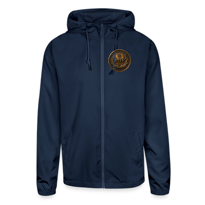 Front view of a navy blue lightweight windbreaker featuring a circular antiqued bronze Paleo-Hebrew script emblem on the left chest.