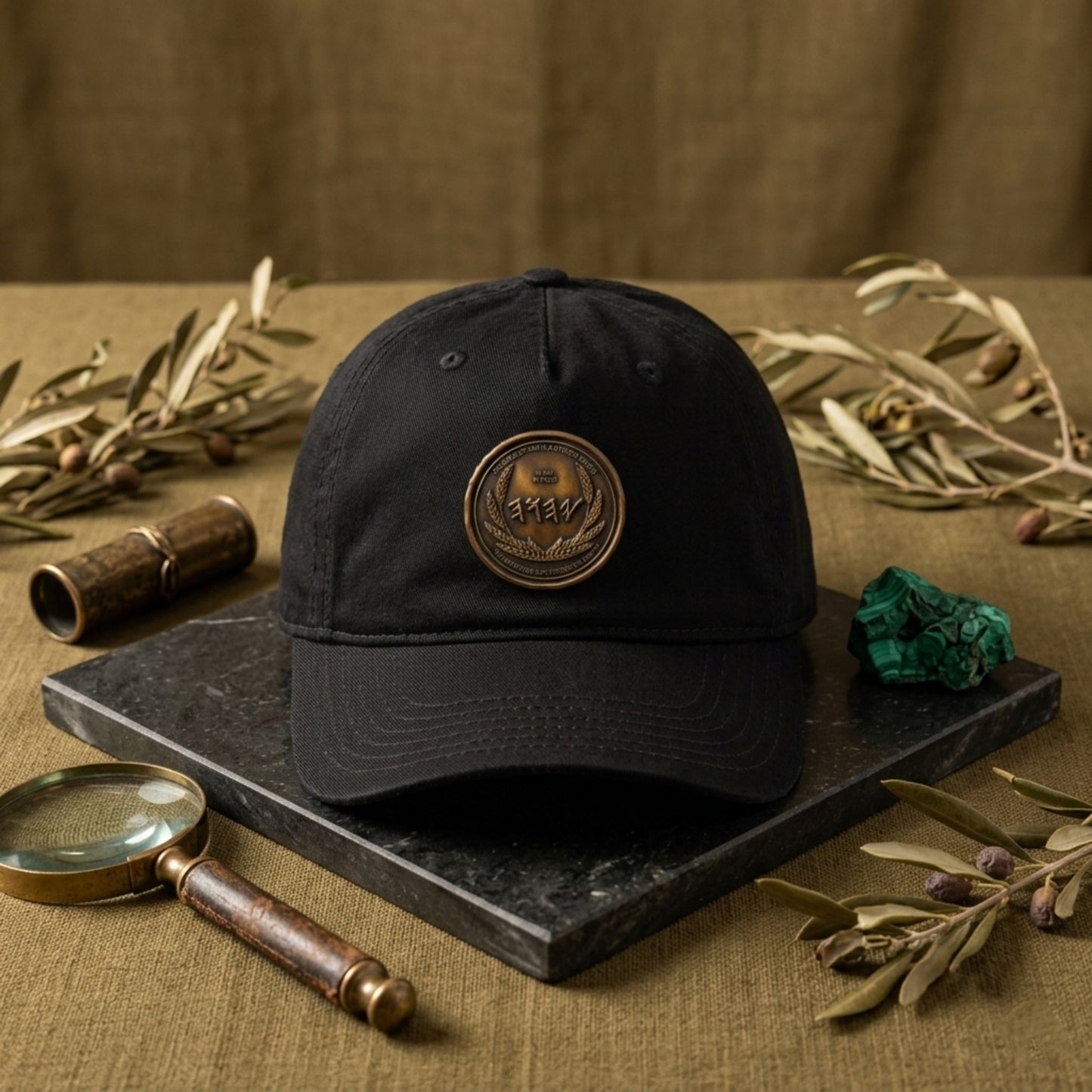 Black organic cotton cap featuring an antiqued bronze seal with ancient script, showcased on a dark stone slab with malachite accents and olive leaves.