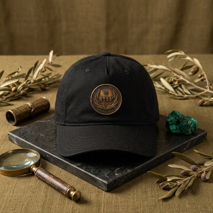 Black organic cotton cap featuring an antiqued bronze seal with ancient script, showcased on a dark stone slab with malachite accents and olive leaves.