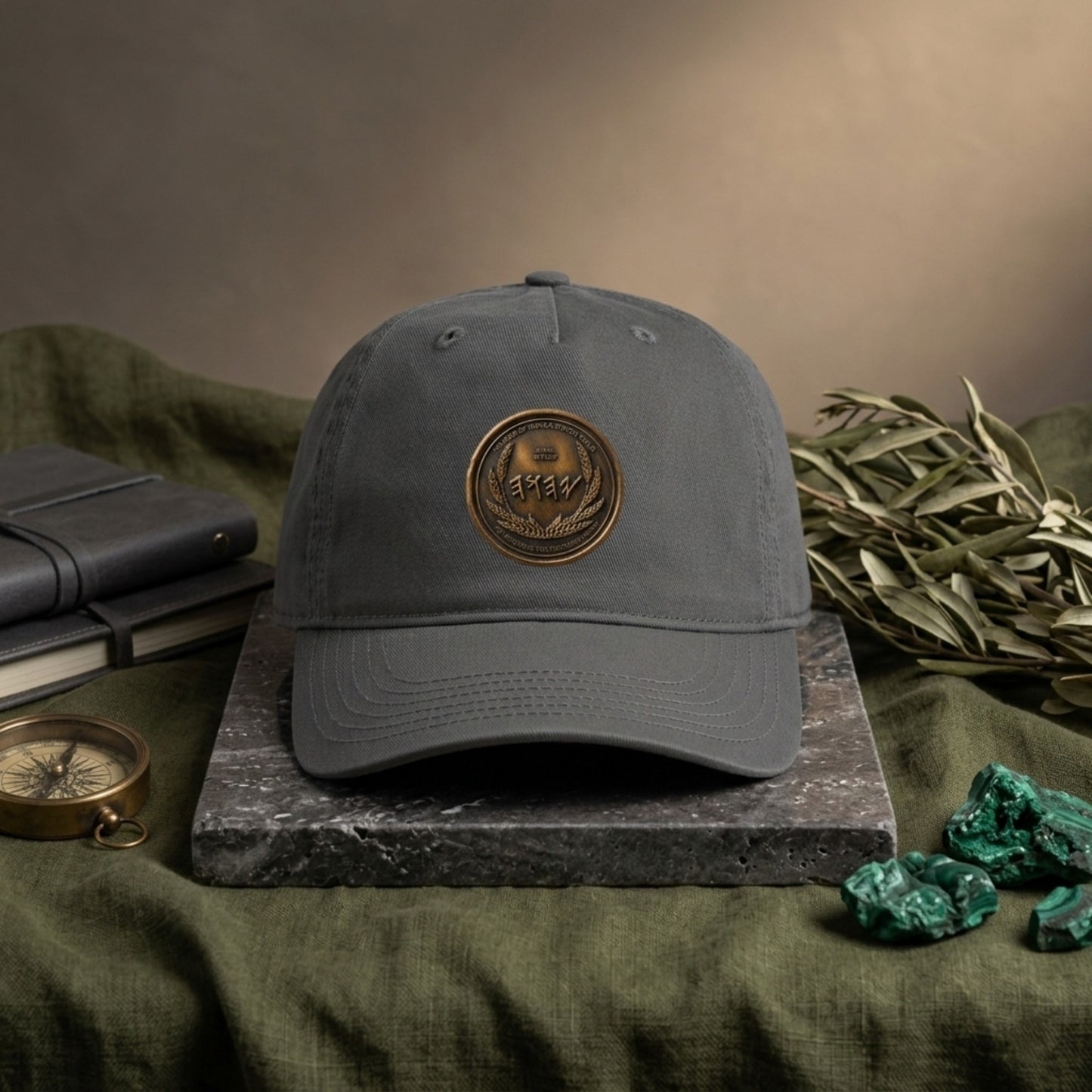 Charcoal gray organic cotton hat with an antiqued bronze emblem, staged on a stone platform with a vintage compass, leather journal, and raw malachite.