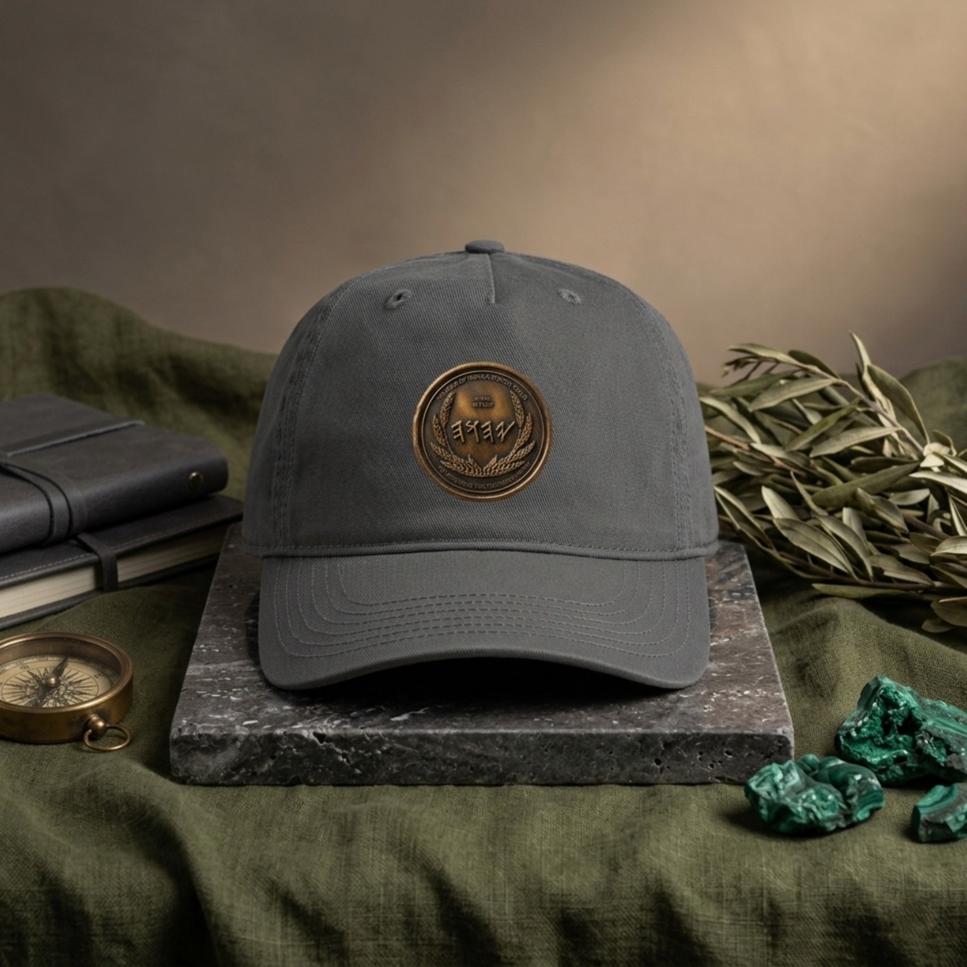 Charcoal gray organic cotton hat with an antiqued bronze emblem, staged on a stone platform with a vintage compass, leather journal, and raw malachite.