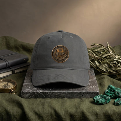 Charcoal gray organic cotton hat with an antiqued bronze emblem, staged on a stone platform with a vintage compass, leather journal, and raw malachite.
