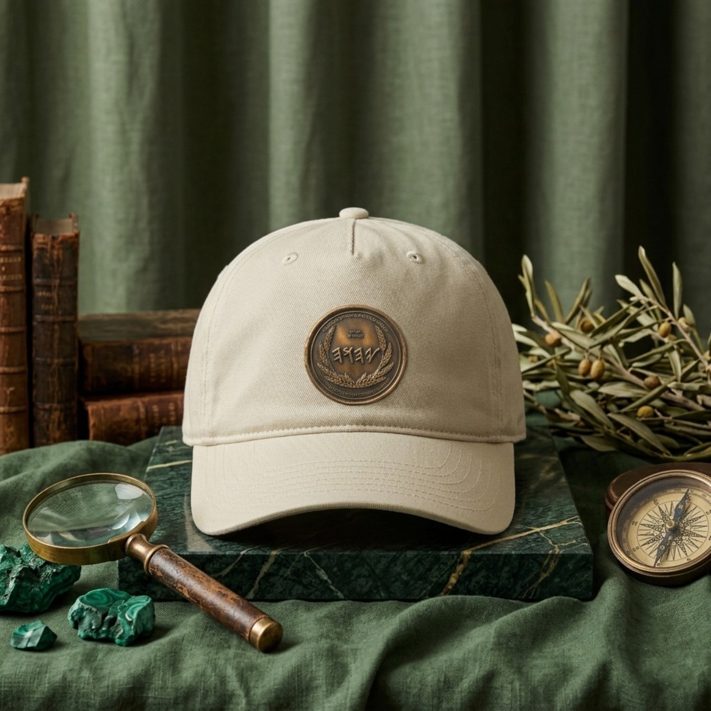 Khaki unstructured organic hat with a round antiqued bronze ancient script emblem, displayed on marble with a vintage magnifying glass and olive branch.