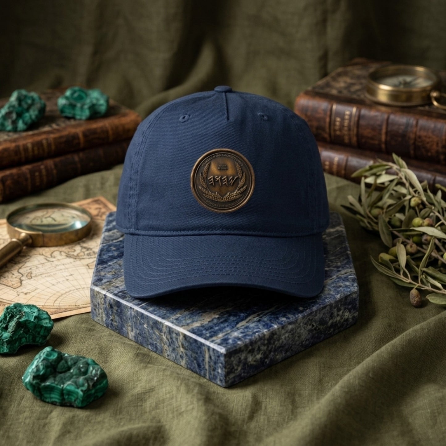 Navy blue unstructured organic cap with a circular bronze ancient script badge, set on blue marble alongside vintage books and a classic map.