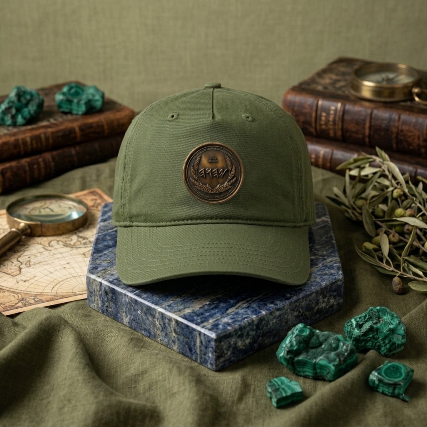 Olive green unstructured organic hat displaying a round bronze seal with ancient script, styled on a blue marble block with raw green minerals.