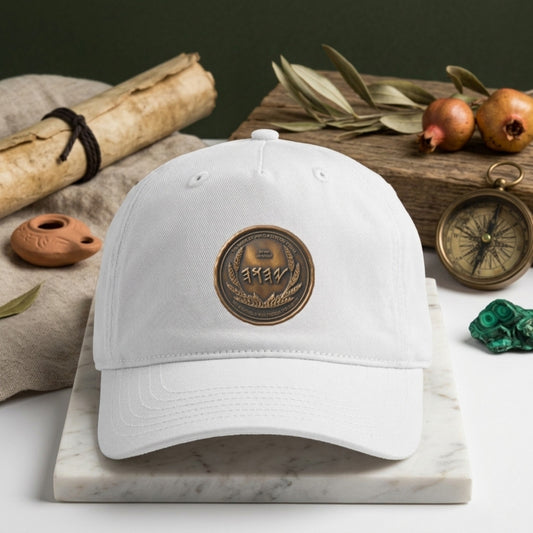White organic cotton baseball cap featuring a round, antiqued bronze seal with Paleo-Hebrew script and a wheat wreath, displayed on a marble block.