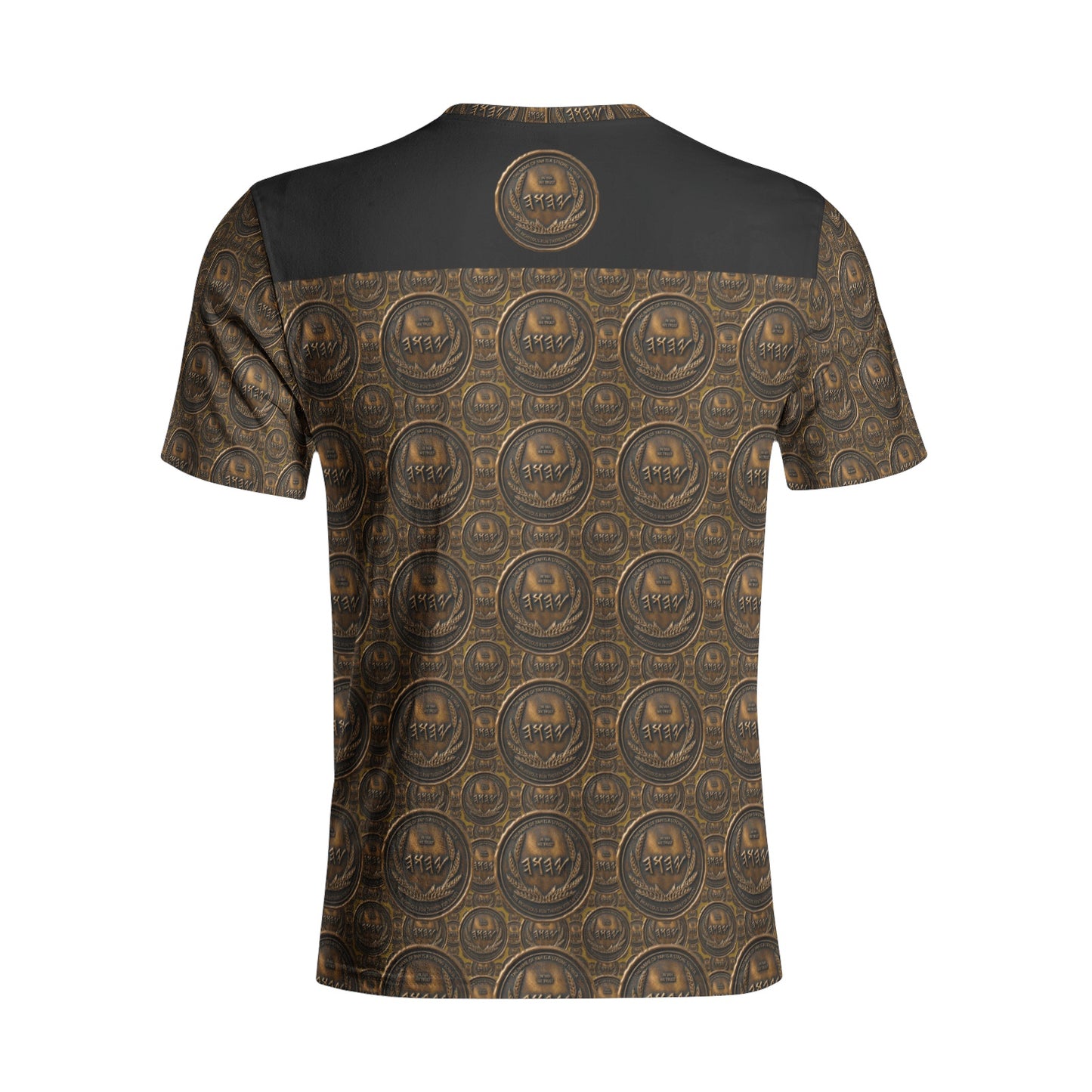 Flat back studio display of the unisex cotton tee showing the full high-density repeating medallion print and top black yoke.