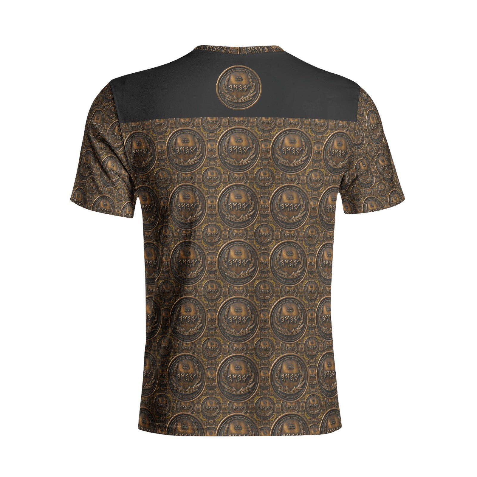 Flat back studio display of the unisex cotton tee showing the full high-density repeating medallion print and top black yoke.