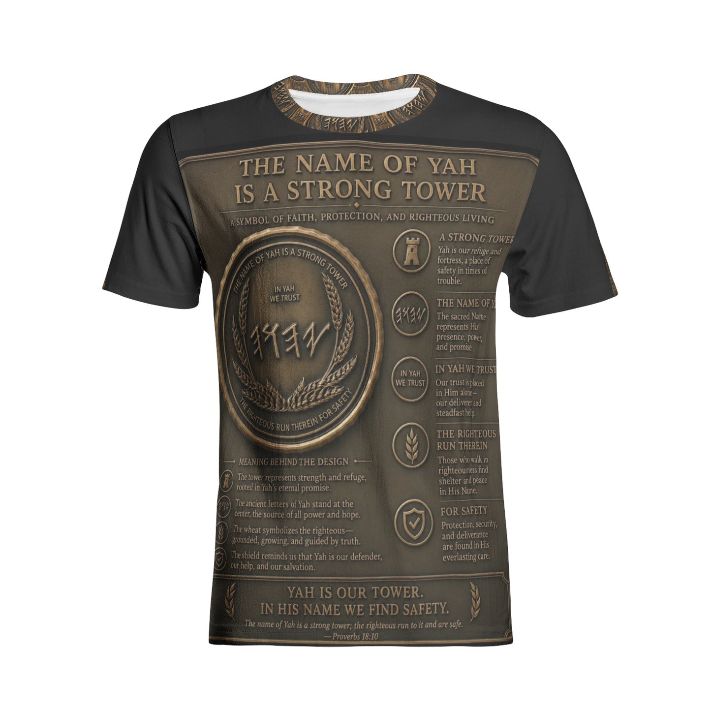 Flat front studio display of the unisex cotton tee in an antiqued bronze aesthetic with structured scriptural text and graphics.