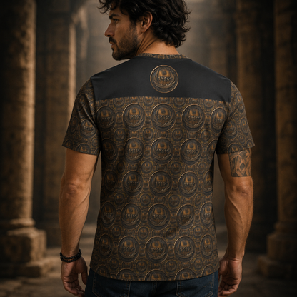Back view of a man wearing the bronze t-shirt, showing a repeating seal pattern and a solid black yoke with a central emblem.