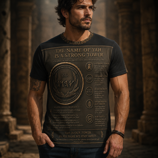 Front mockup of a man wearing the Strong Tower Defense antiqued bronze t-shirt featuring Paleo-Hebrew script and a scriptural design.