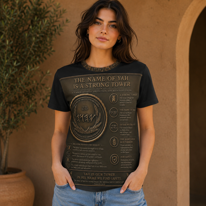 Front mockup of a woman wearing the Strong Tower Defense tee, showcasing the detailed bronze text layout and symbolic emblem.
