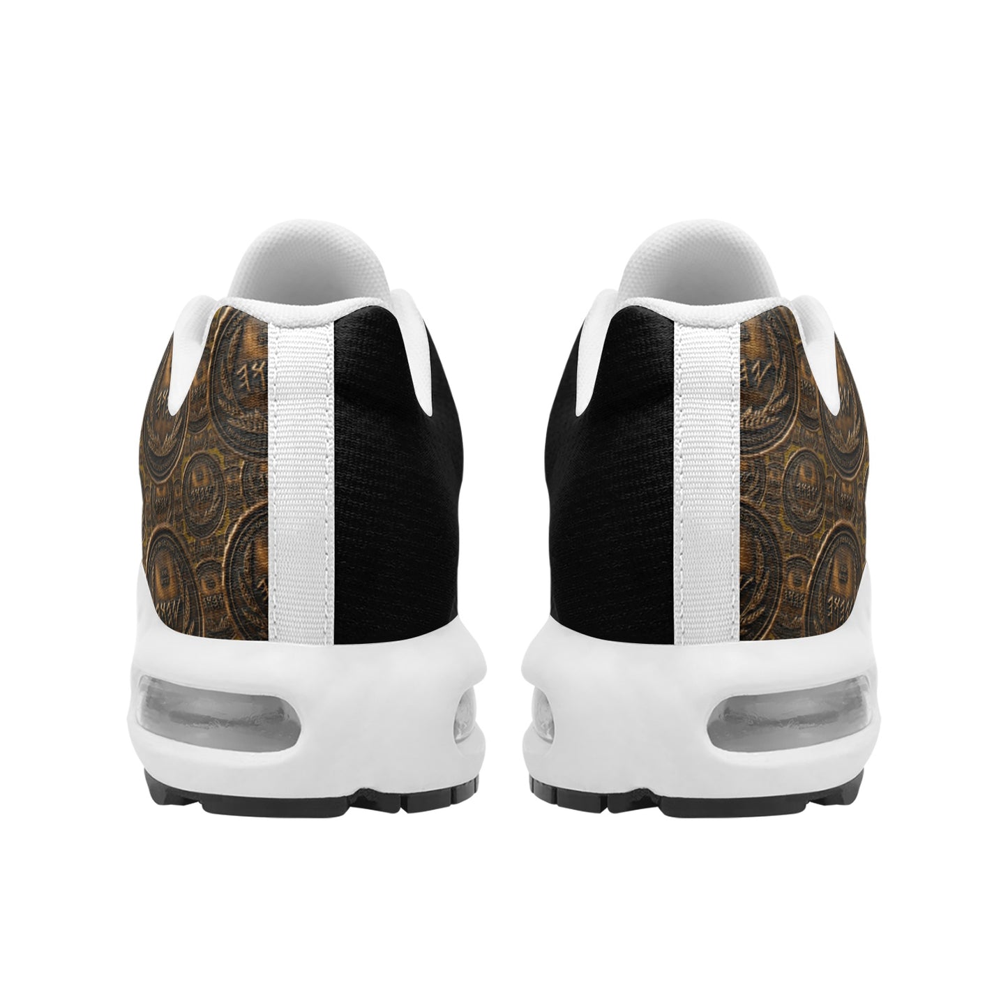 Rear view of the Unisex Eco-Flex sneakers showing the white chunky heel, air cushions, and asymmetric black and bronze pattern.