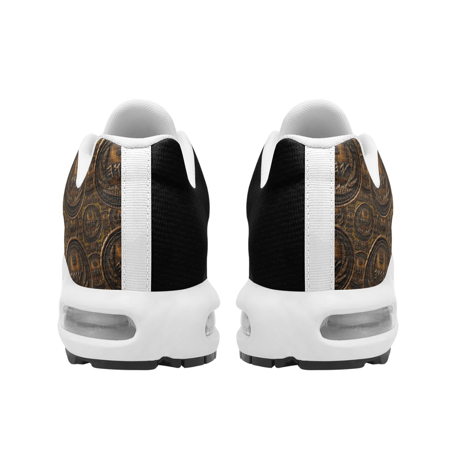 Rear view of the Unisex Eco-Flex sneakers showing the white chunky heel, air cushions, and asymmetric black and bronze pattern.